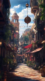 Sunlit stone market street with hanging lantern and towers.