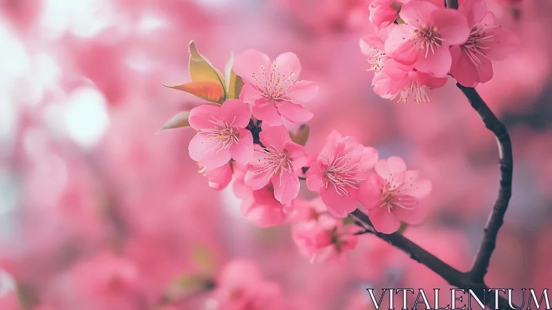 Pink cherry blossom cluster with butterfly on dark branch.