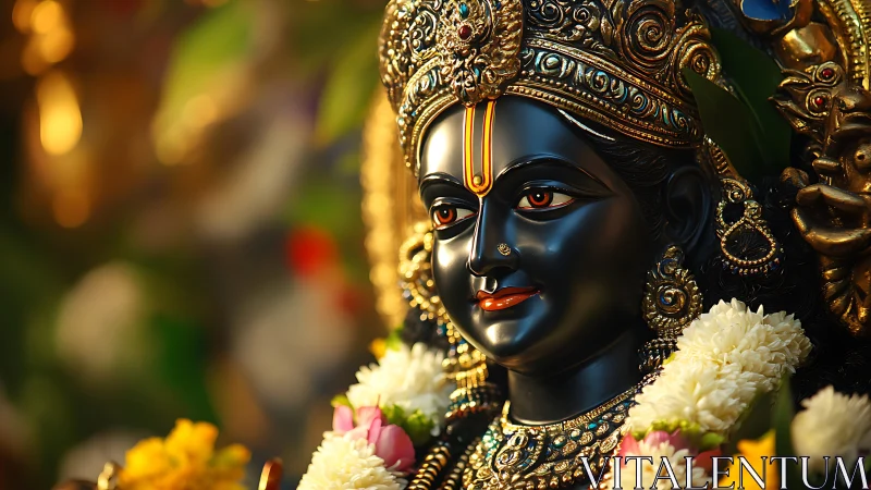 Hindu deity statue with ornate crown and floral garlands.