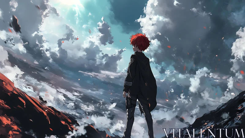 Stormlit wanderer pauses beneath a vast and glowing sky