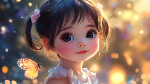 Portrait of Young Girl with Butterfly and Luminous Bokeh Environment