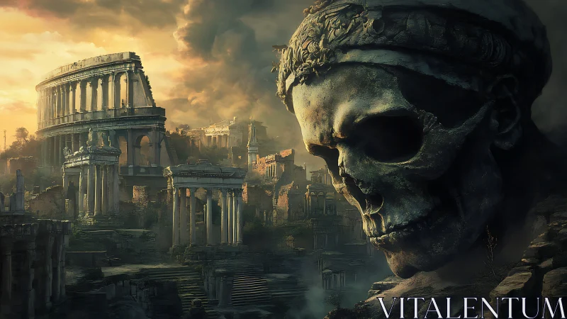 Colossal skull sentinel broods over forsaken imperial ruins.