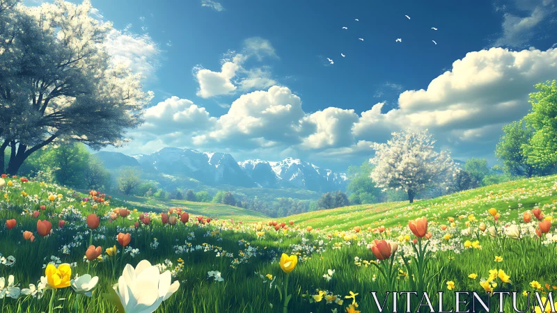 Blooming alpine meadow beneath drifting spring clouds.