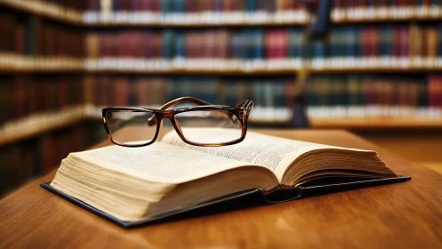 Open hardcover book with reading glasses in library interior.