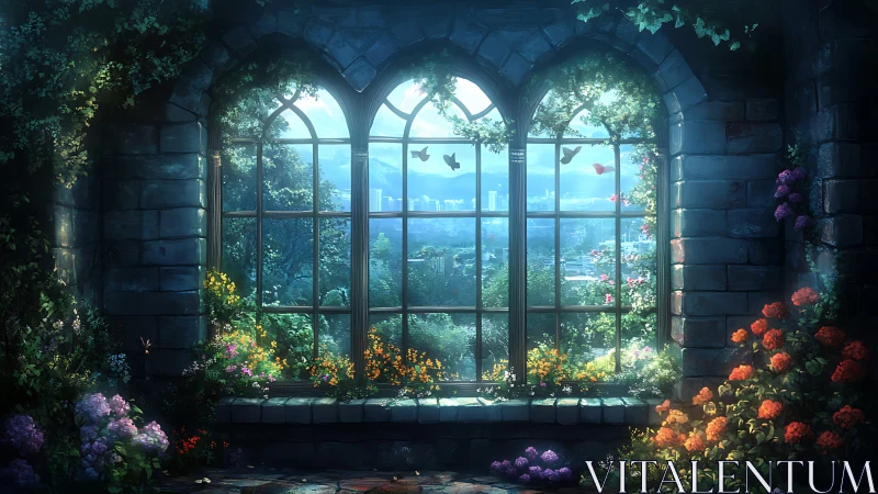 Stone arch window framing city skyline and garden view.