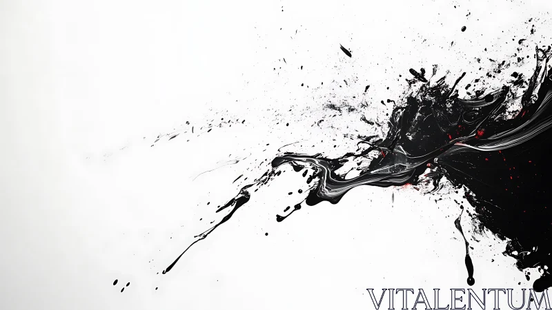 Inkstorm on white: wild black splash with crimson sparks.