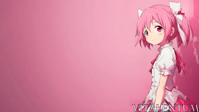 Pink haired anime girl in white dress against solid wall.