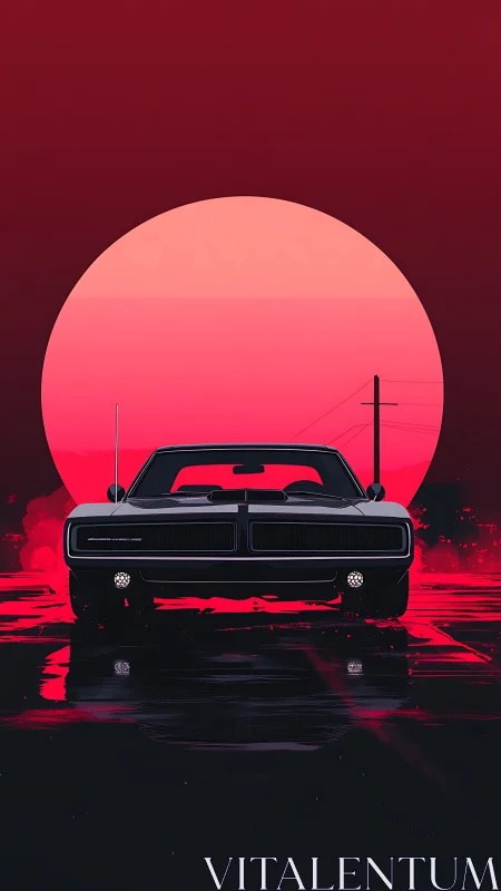 Retro muscle car silhouette against oversized neon sun disc
