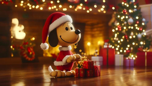 Festive cartoon dog in Santa outfit waits by Christmas tree.