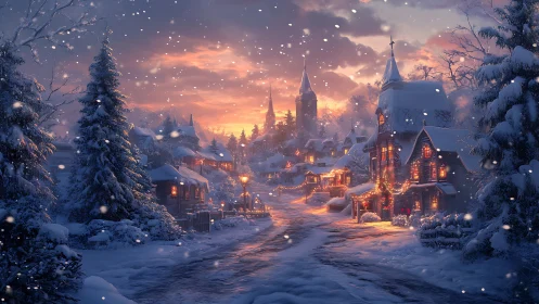Snow-kissed village street glowing under a gentle sunset sky.