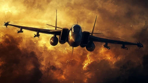 Stealth fighter jet cuts through burning storm clouds