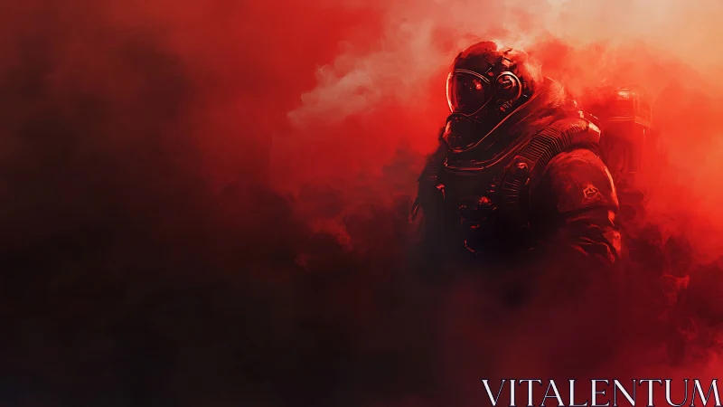 Lone astronaut advances through crimson cosmic fogscape.