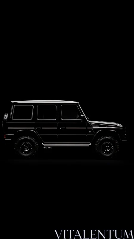 Sleek black SUV silhouette emerges from a deep midnight void