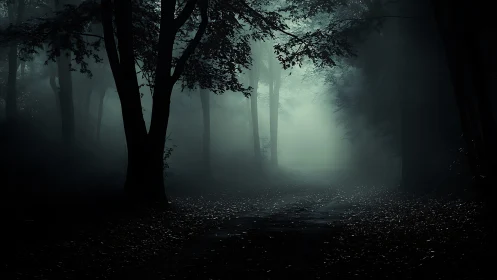 Mist-laden forest path under low-key moody lighting at dusk.