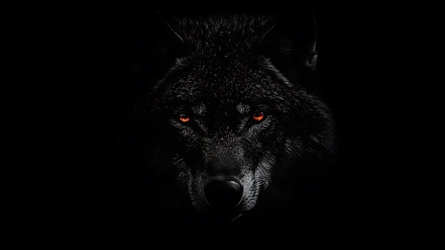 Low-key wolf portrait isolates luminous eyes in deep black field