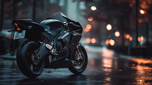Midnight sport bike waiting in the rain slick city glow.