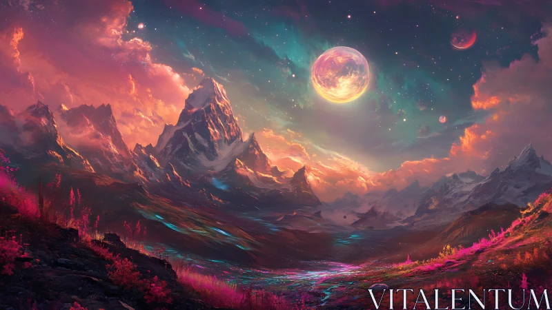 Mountainous alien landscape displays dual moons at twilight