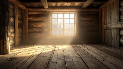 Sunlit wooden cabin interior glows with warm rustic calm