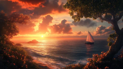 Radiant coastal sunset embracing solitary white sailboat.