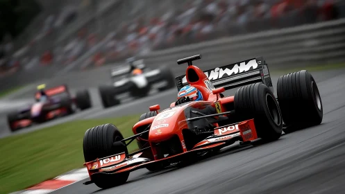 Red Formula racing car leads dynamic high-speed circuit