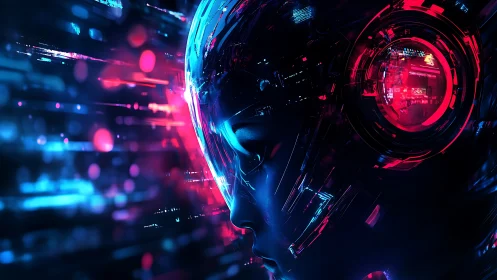 Neon lit cybernetic portrait celebrates calm digital focus
