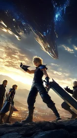 Heroic anime warriors under celestial warship sky panorama.