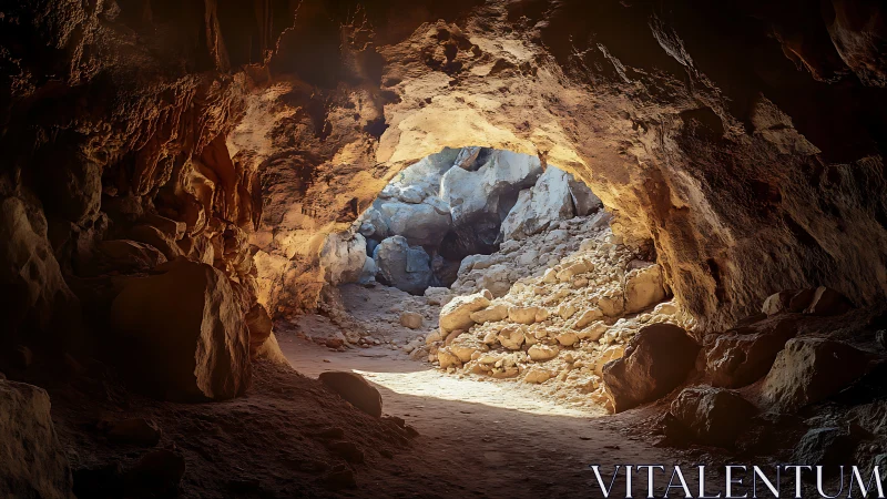 Sunlit sandstone cave mouth with textured rocky floor.
