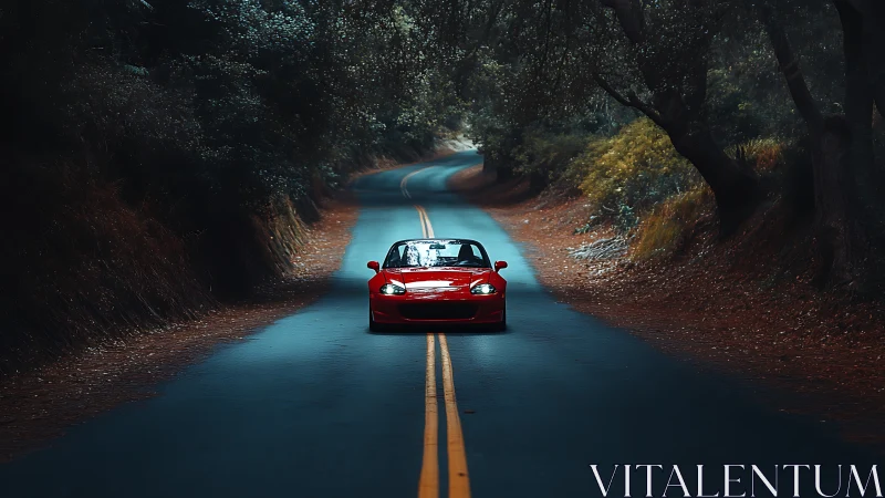 Red convertible on empty forest road at twilight.