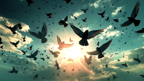 Flock of Birds Silhouetted Against Dramatic Sunset Sky.