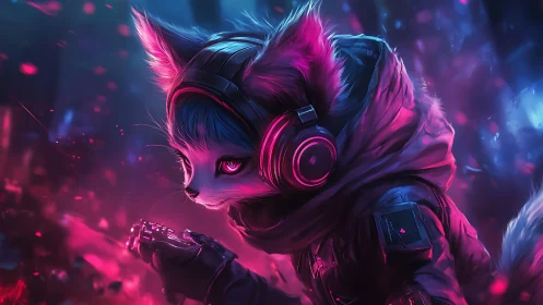 Neon fox hacker in glowing headphones prowls synthwave night.