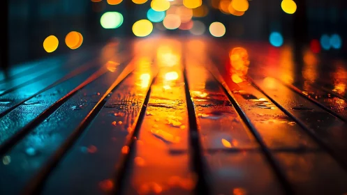 Wet city bench glowing with blurred neon bokeh lights.