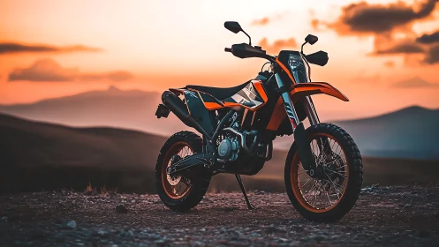 Dual-sport motorcycle is positioned on gravel at sunset