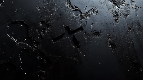 Midnight cross carved through shattered metallic darkness.