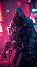 Cyberpunk cloaked enforcer in neon magenta snowfall alley
