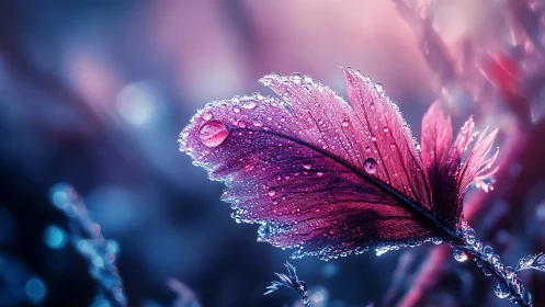 Iridescent leaf macro glows under dewy twilight light.