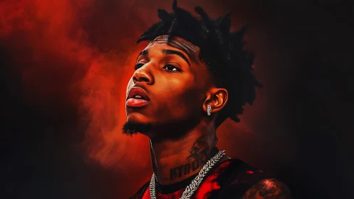 Stylized portrait of young man with chains and tattoos.