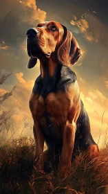 Gentle hound bathed in golden sunset fields of calm.