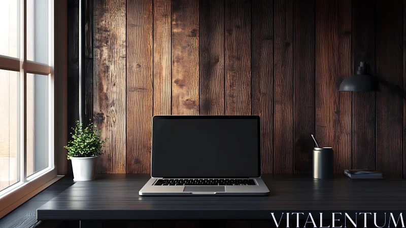 Cozy wooden desk scene invites calm work with open laptop