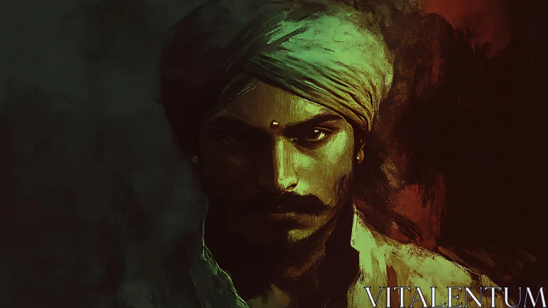 Striking turbaned portrait glows from deep shadowed colors