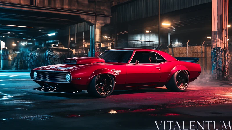 Red pro-touring muscle car rendered in neon-lit industrial lot