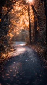 Forest pathway at sunset with golden light filtering through tree canopy