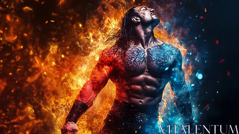 Warrior of fire and frost roars between colliding elements