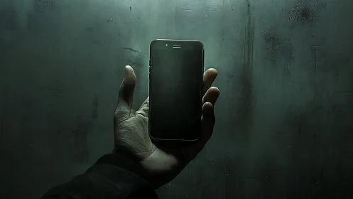 Shadowed hand raises smartphone in moody green lightscape