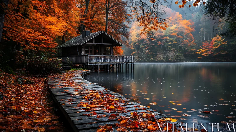 Lakeside wooden cabin beside autumn forest and boardwalk.