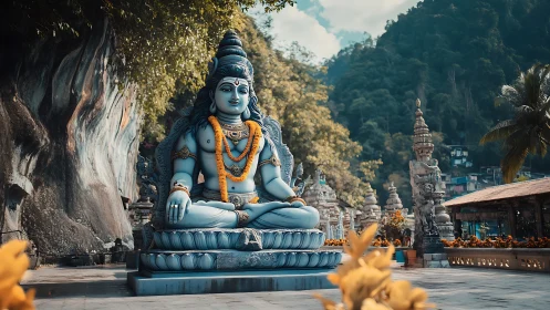 Monumental blue Shiva statue in seated meditation at hill temple