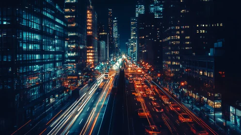 Night city avenue with light trails and tall buildings.