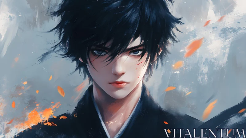 Storm-eyed swordsman framed in drifting embers and frost.