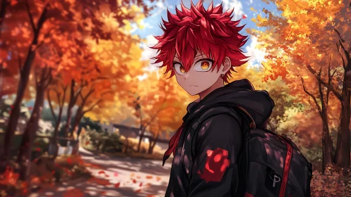 Crimson haired student under radiant autumn foliage.