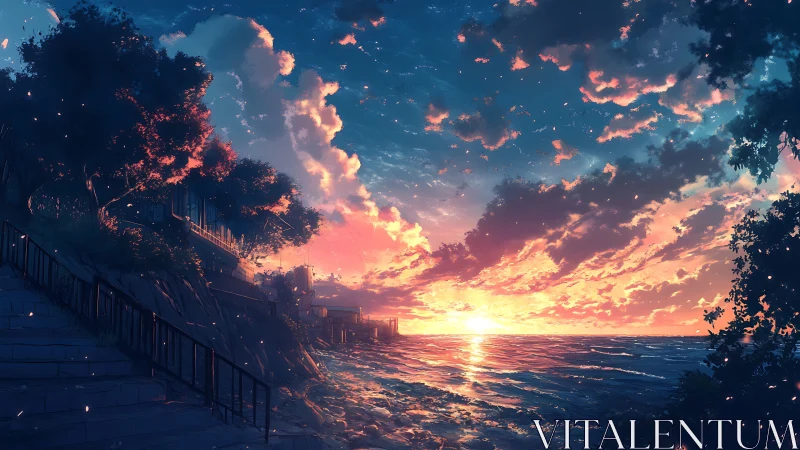 Coastal sunset sky ignites waves with luminous color gradients.