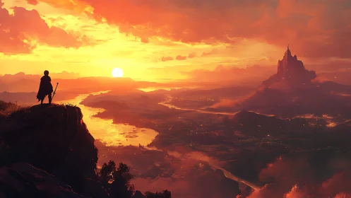 Lone traveler overlooking distant castle at sunset.